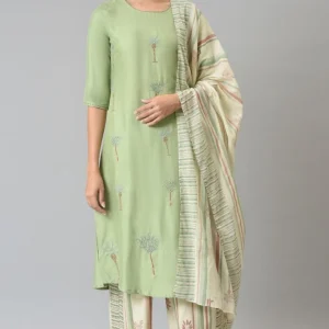 Light Green Embroidered kurta With Printed Parallel Pants And Dupatta