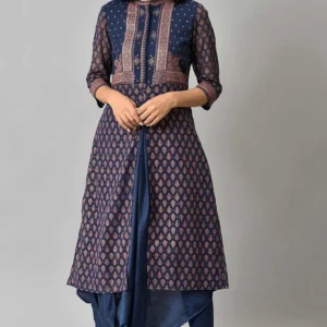 Blue Printed A-Line Cowl kurta With Tights