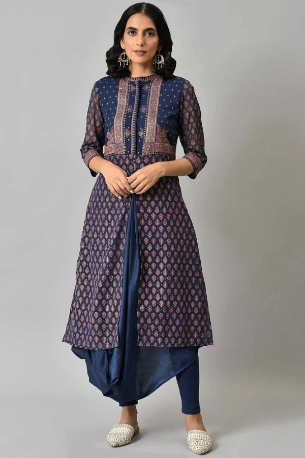 Blue Printed A-Line Cowl kurta With Tights