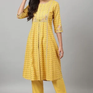 Yellow Glitter Printed Mock Layer kurta With Straight Pants